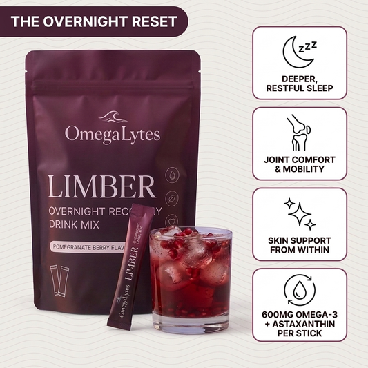 OmegaLytes Limber pouch and pomegranate berry drink — the overnight reset: deeper sleep, joint comfort, skin support, 600mg omega-3 + astaxanthin