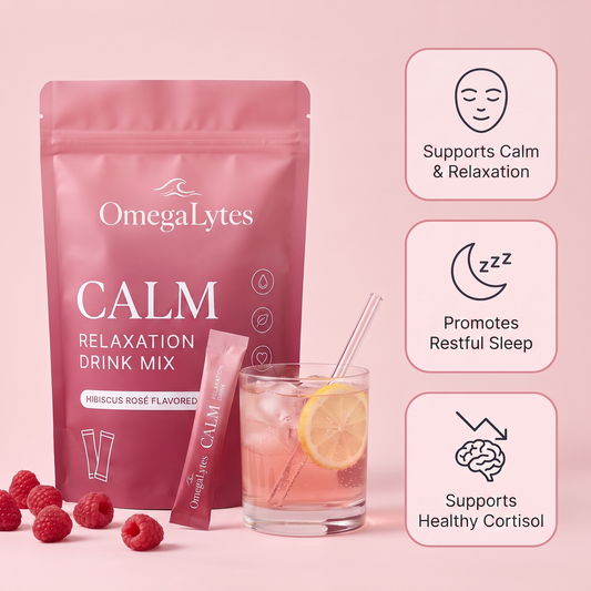 OmegaLytes Calm Hibiscus Rosé pouch and stick pack with rosé drink and raspberries — supports calm & relaxation, promotes restful sleep, supports healthy cortisol