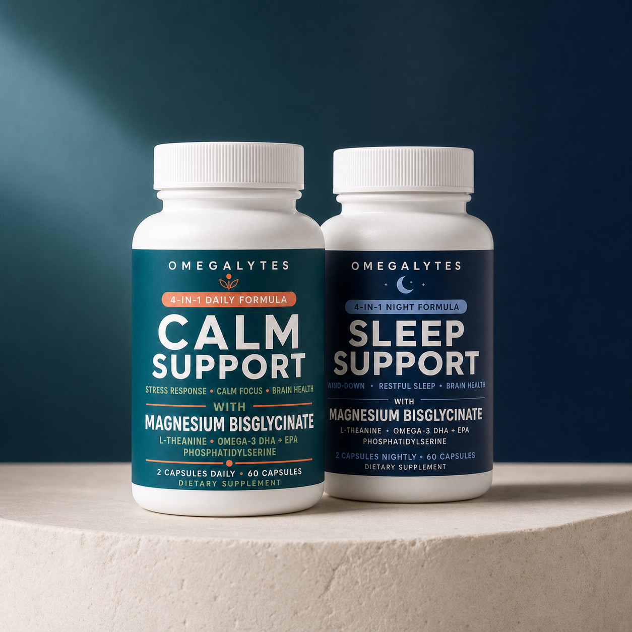 Omegalytes Sleep Support and Calm Support white capsule bottles
